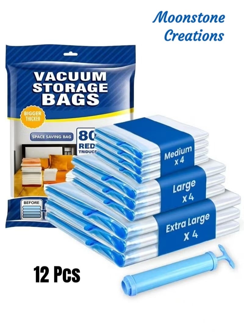 Moonstone Creations 12-Pack Vacuum Storage Bags with Manual Pump, Space Saver Compression Bags for Clothes, Bedding, Duvets, Pillows & Travel – 4 XL (80×100cm), 4 Large (60×80cm), 4 Medium (50×70cm) - Image 1